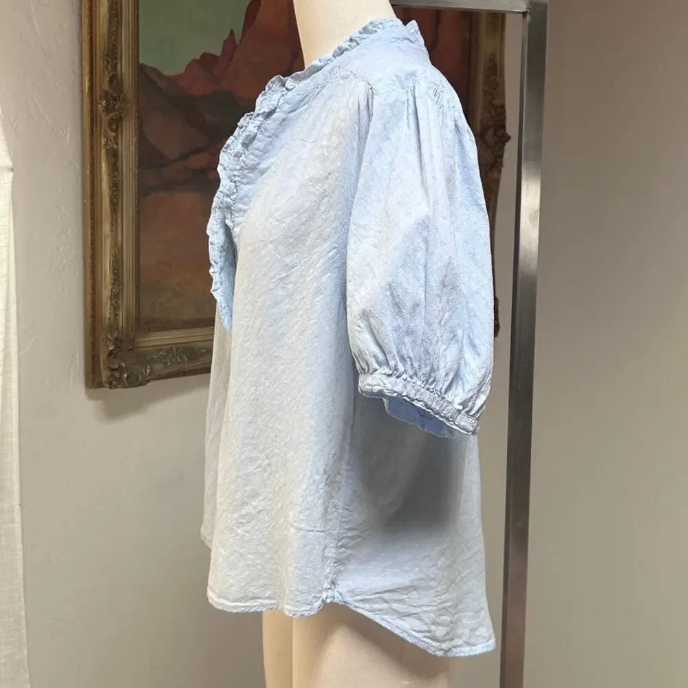 Anthro Anthropologie Cotton Peasant Blouse Puff Sleeve Ruffle Cottagecore Blue M
